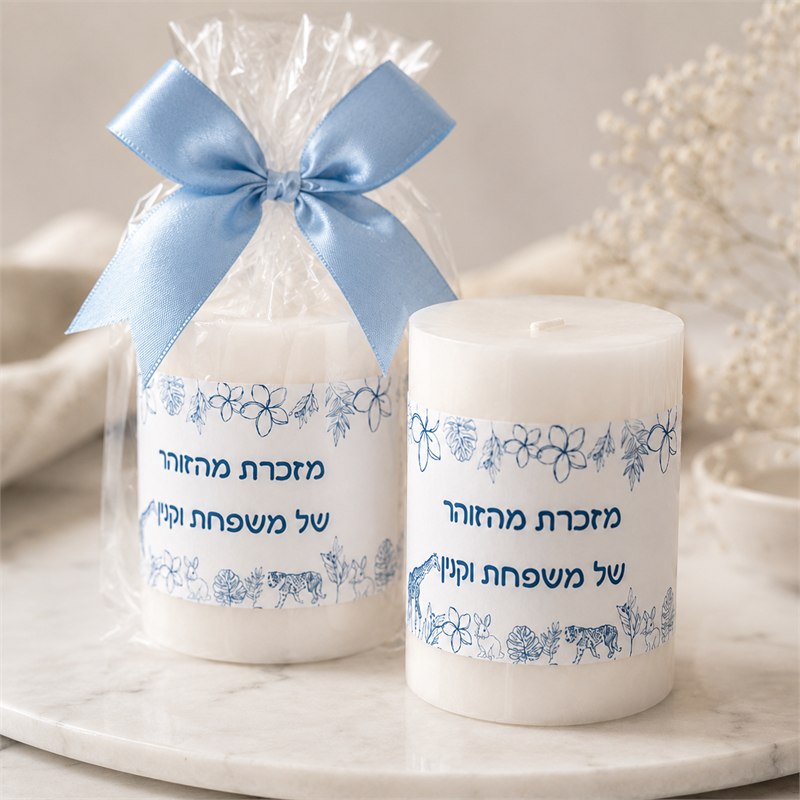 נרות מזכרת לאורחים בהקדשה אישית - נר ארוז בצלופן עם סרט תכלת לצד נר פתוח