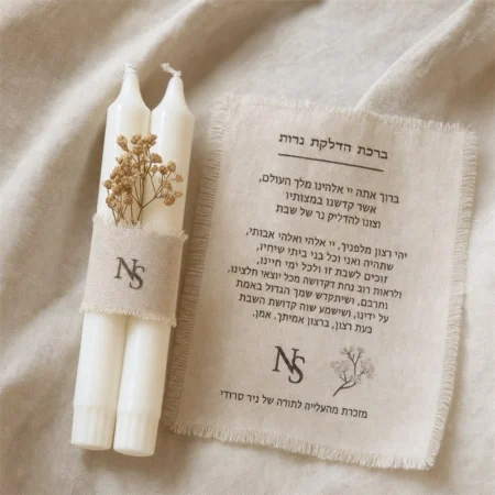 נרות שבת עם פרחים מיובשים וברכת הדלקה - מזכרת לאורחים - תמונה 1