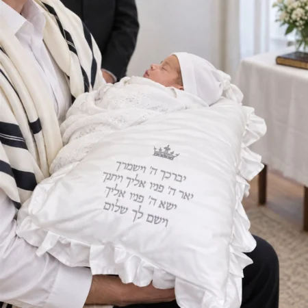 כרית לברית דגם מלמלה עם רקמת כתר וברכת כהנים בכסף - התינוק על הכרית בטקס הברית